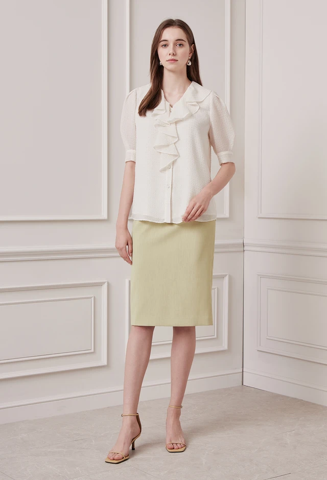 퍼프 슬리브 러플 블라우스 (IVORY)