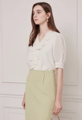 퍼프 슬리브 러플 블라우스 (IVORY)