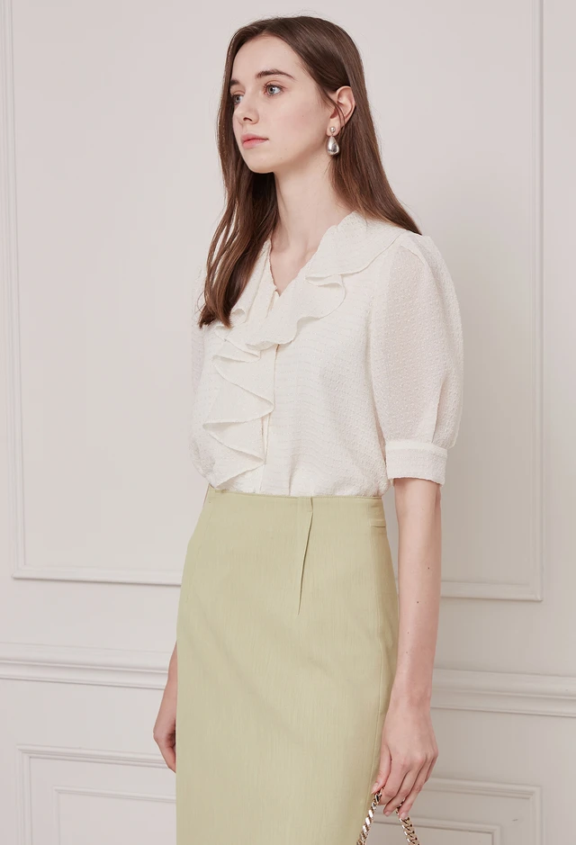 퍼프 슬리브 러플 블라우스 (IVORY)